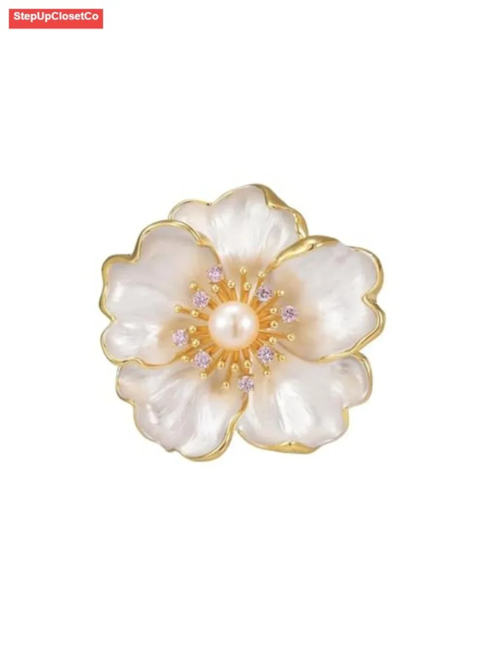 Elegant Flower Pearl Brooch Pin for Women Gold Plated Copper Safety Pin